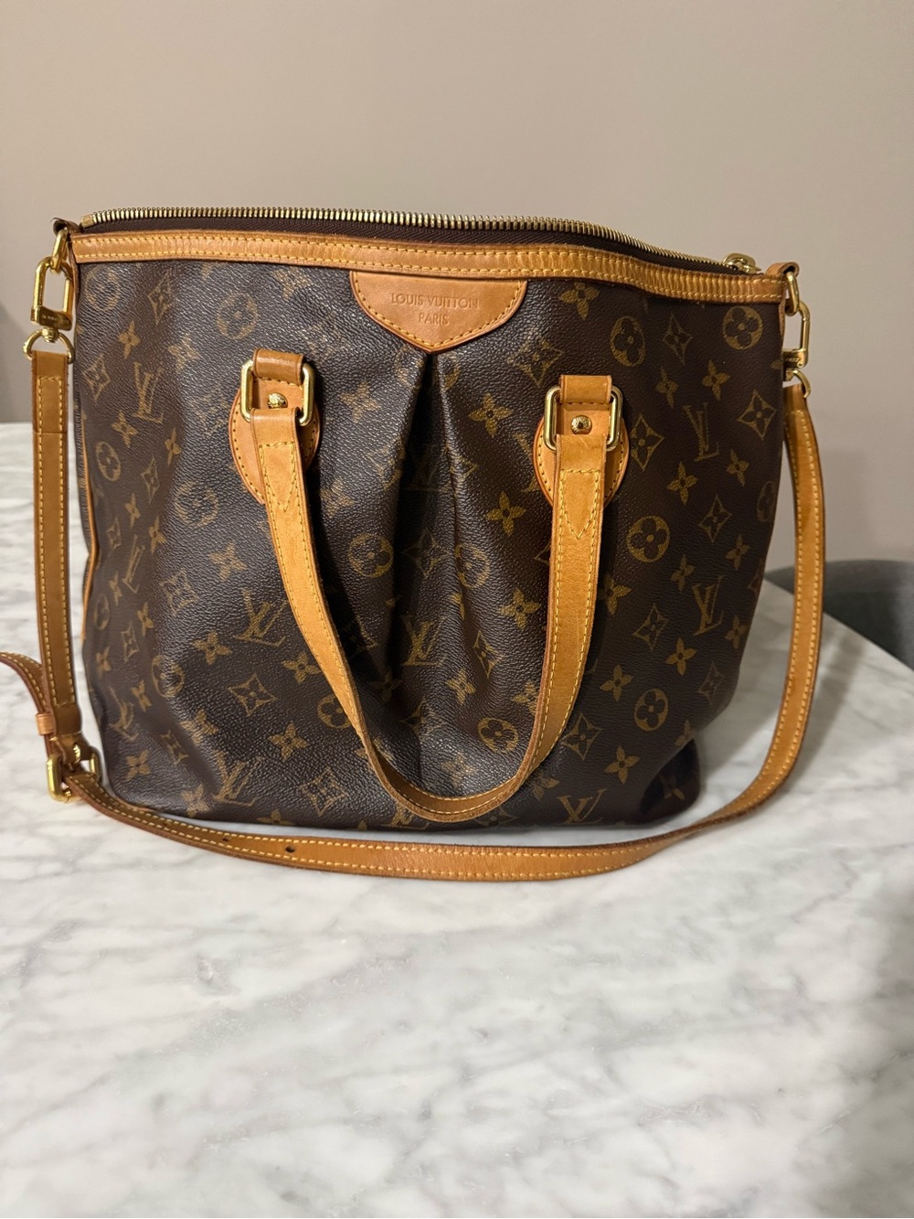 Louis Vuitton Monogram Shoulder Bag in Brown with Tan Leather Trim